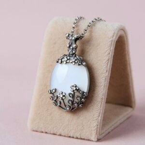 Opalite ✦ Crystal Pendant Necklace ✦ 30ctw Floral Black Steel Matinee Chain NWT